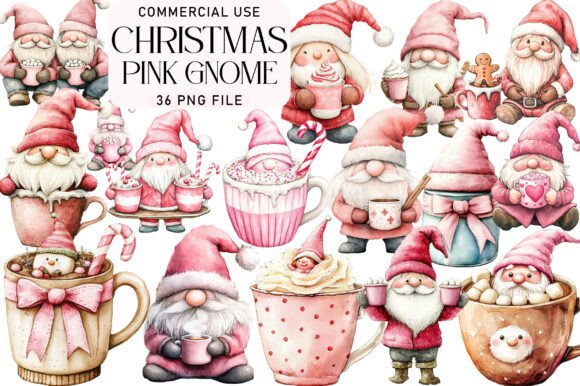 Download Christmas Pink Gnome Hot Cocoa Clipart - Premium Bundle